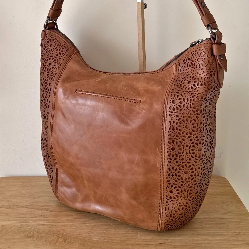 The Sak Leather Sequoia Laser Cut Hobo Shoulder Bucket Bag Tobacco Moroccan Tan